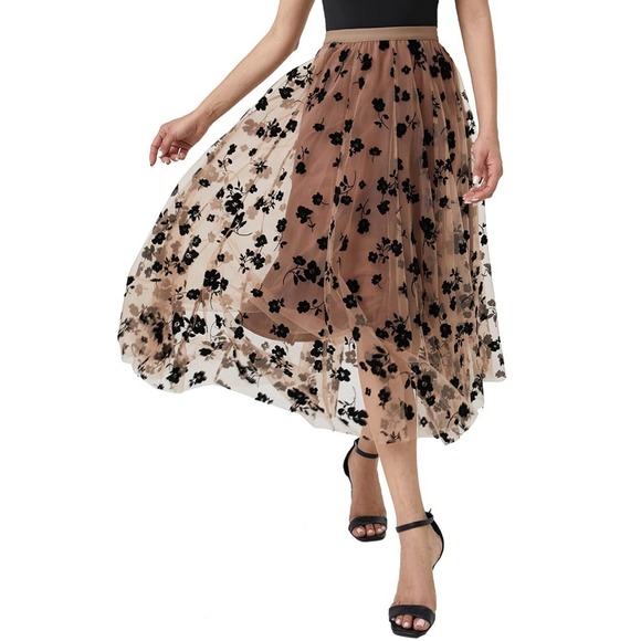 Chicwish Tan Black Floral Mesh Layered Pullon Midi Skirt Whimsigoth Romantic S - Picture 1 of 13